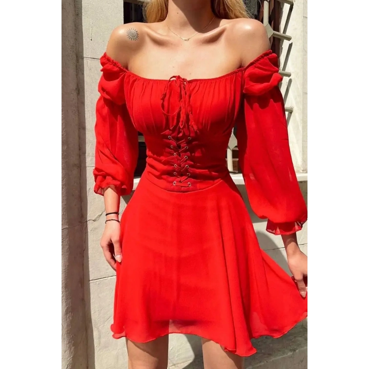 Kuşgözlü Tül Kollu Design Kırmızı Elbise