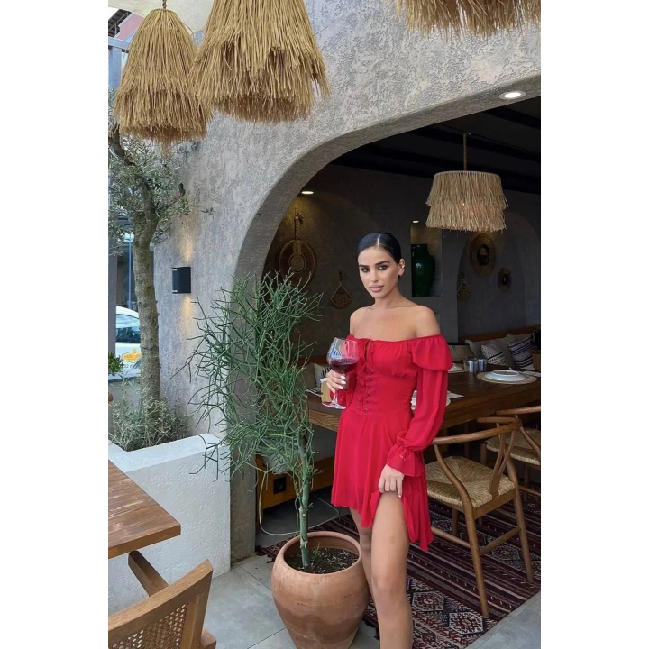 Kuşgözlü Tül Kollu Design Kırmızı Elbise