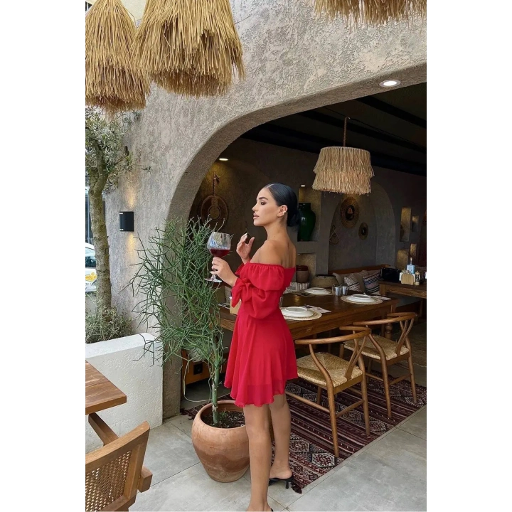 Kuşgözlü Tül Kollu Design Kırmızı Elbise
