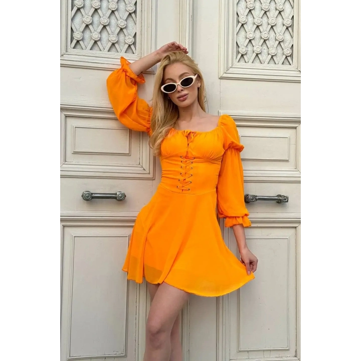 Kuşgözlü Tül Kollu Design Turuncu Elbise