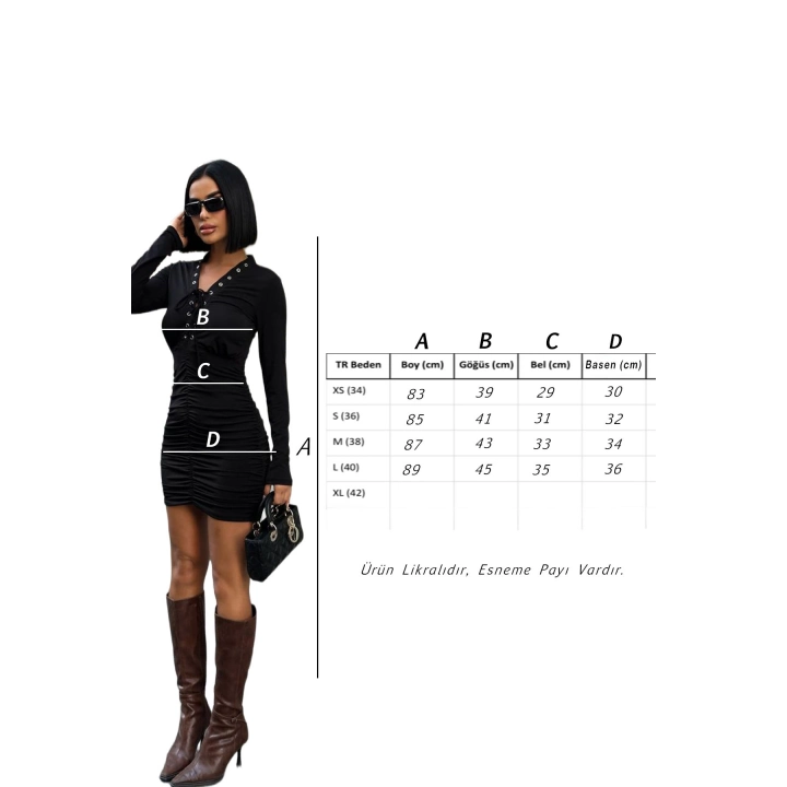 Kuşgözü Detaylı Büzgülü Premium Mini Boy Siyah Tasarım Elbise