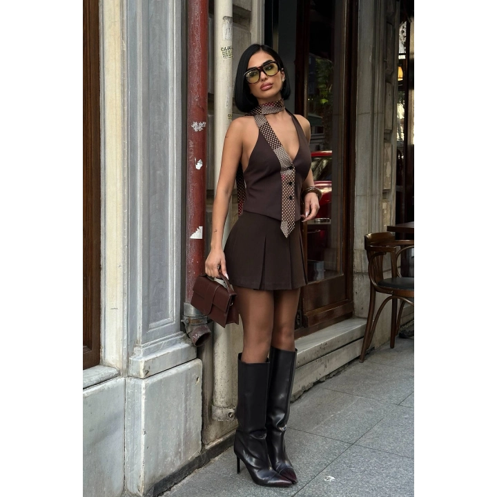 Pileli Basic Acı Kahverengi Şortlu Etek