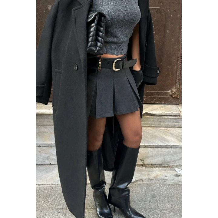 Pileli Basic Antrasit Şortlu Etek