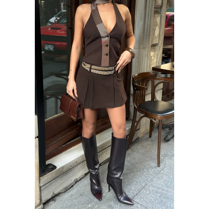 Pileli Kemer Detaylı Şortlu Basic Kahverengi Etek