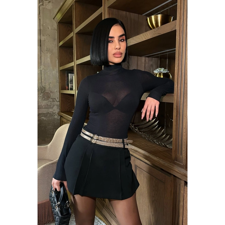 Pileli Kemer Detaylı Şortlu Basic Siyah Etek