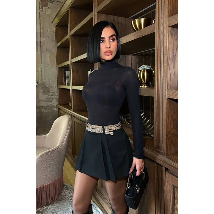 Pileli Kemer Detaylı Şortlu Basic Siyah Etek