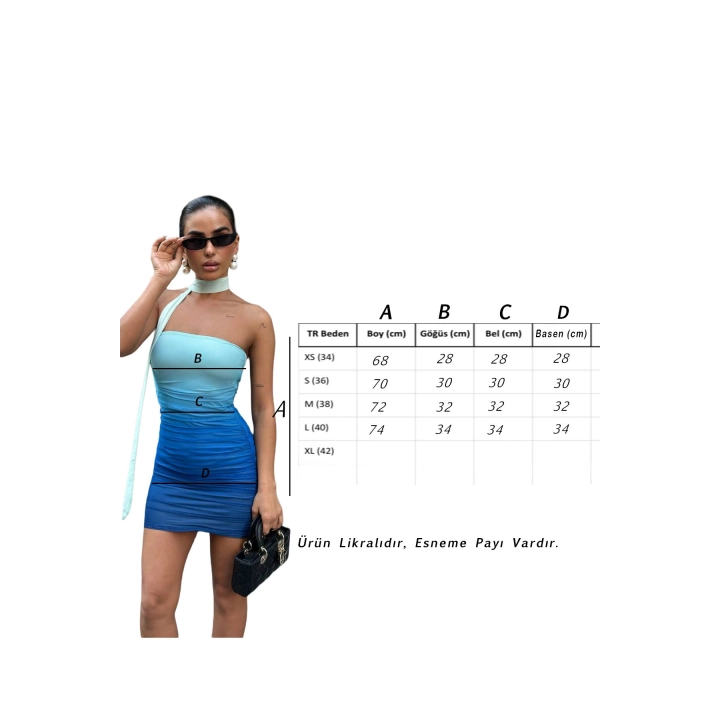 Renk Geçişli Çağla Yeşili Şal Detaylı Büzgülü Mini Elbise