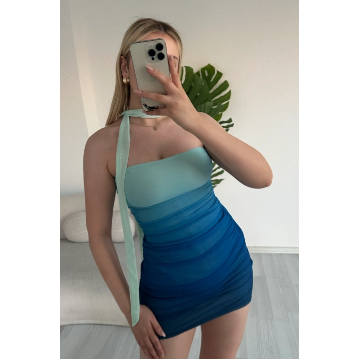 Renk Geçişli Mint Yeşili Şal Detaylı Büzgülü Mini Elbise