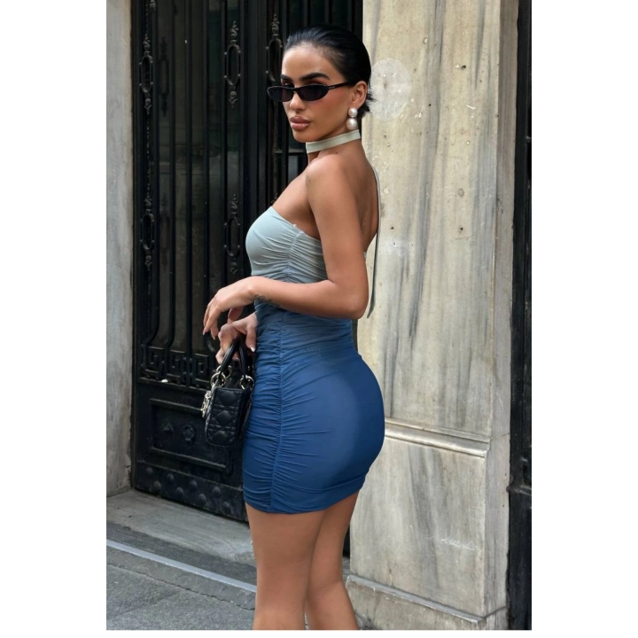 Renk Geçişli Mint Yeşili Şal Detaylı Büzgülü Mini Elbise