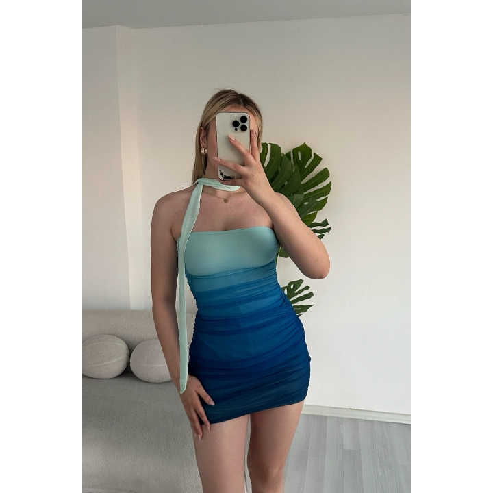 Renk Geçişli Mint Yeşili Şal Detaylı Büzgülü Mini Elbise