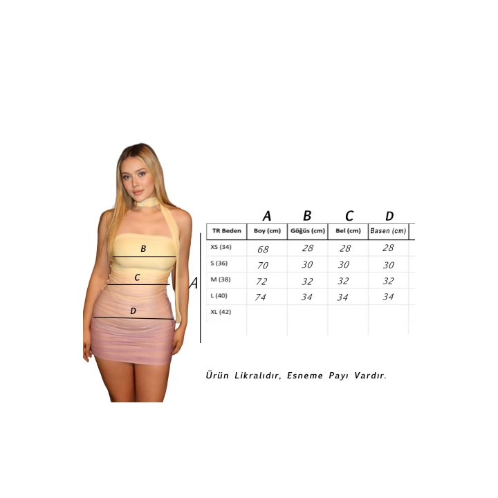 Renk Geçişli Sarı Şal Detaylı Büzgülü Mini Elbise