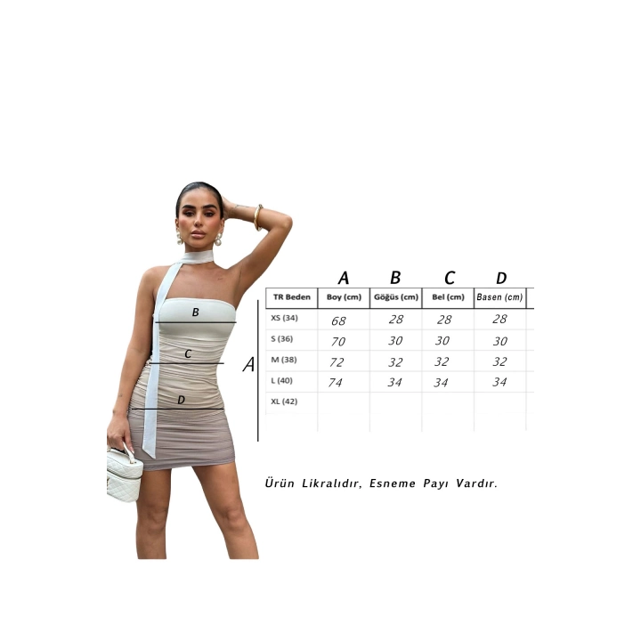 Renk Geçişli Taş Rengi Şal Detaylı Büzgülü Mini Elbise