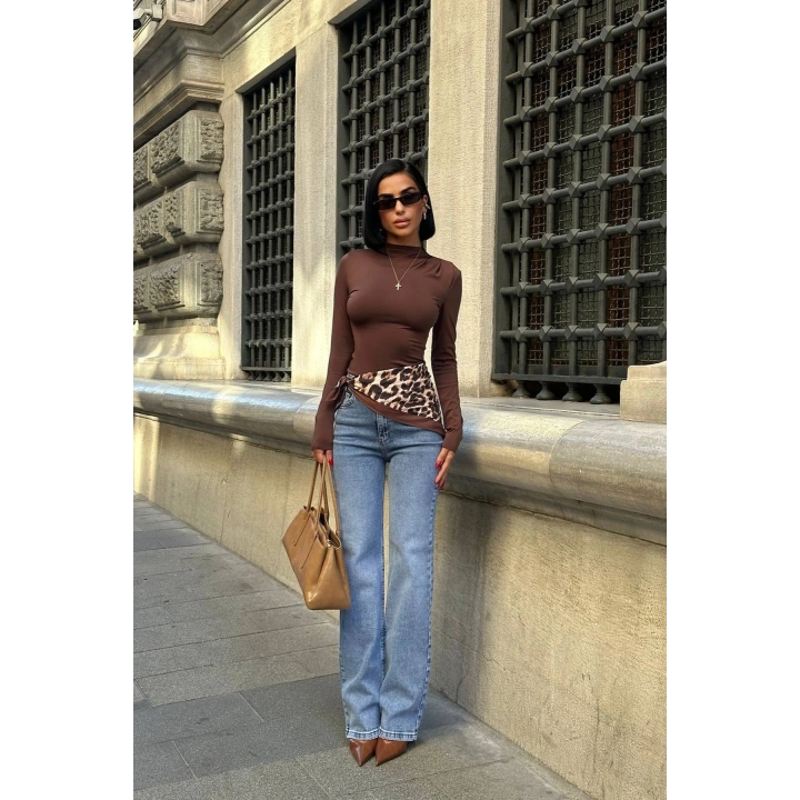 Leopar Şal Detaylı Mavi Palazzo Kot Pantolon