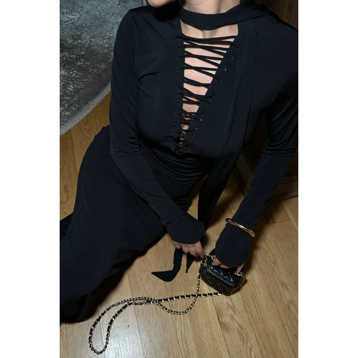 Şallı Göğüs Detaylı Maxi Boy Sandy Siyah Elbise