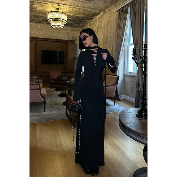 Şallı Göğüs Detaylı Maxi Boy Sandy Siyah Elbise