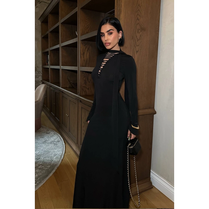 Şallı Göğüs Detaylı Maxi Boy Sandy Siyah Elbise