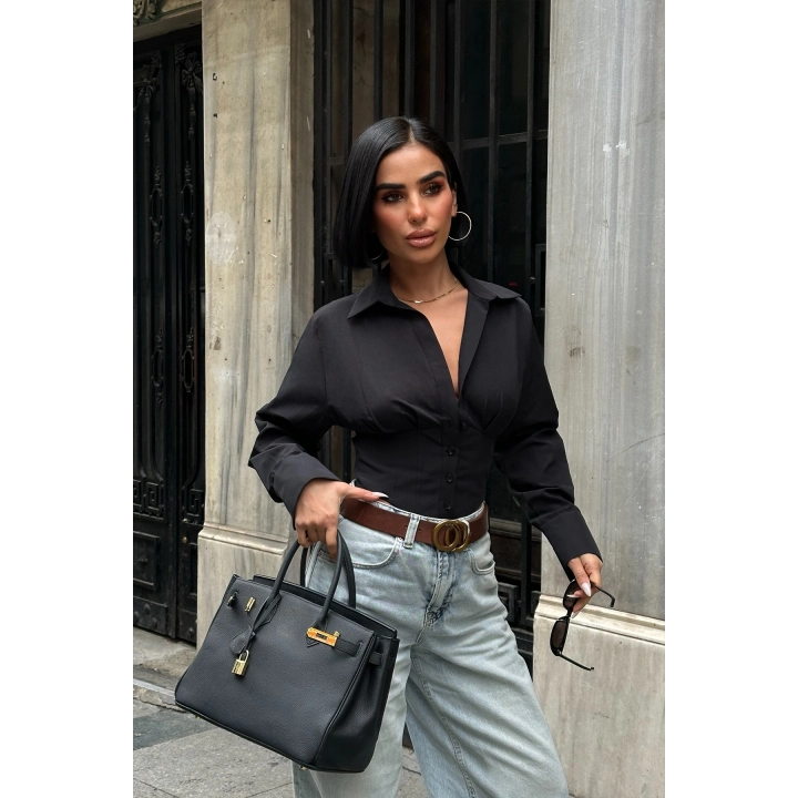 Sırt Bağlamalı Korse Detay Poplin Siyah Gömlek