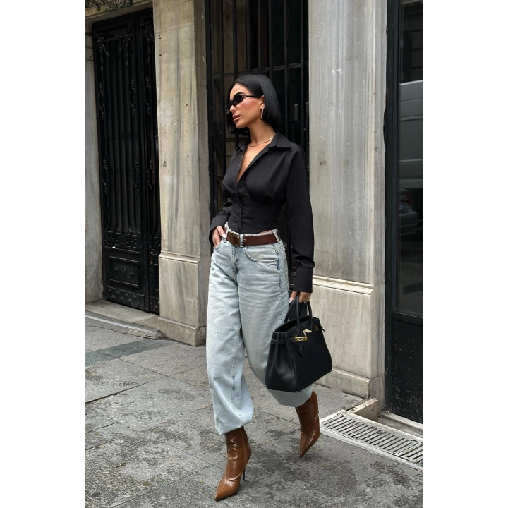 Sırt Bağlamalı Korse Detay Poplin Siyah Gömlek