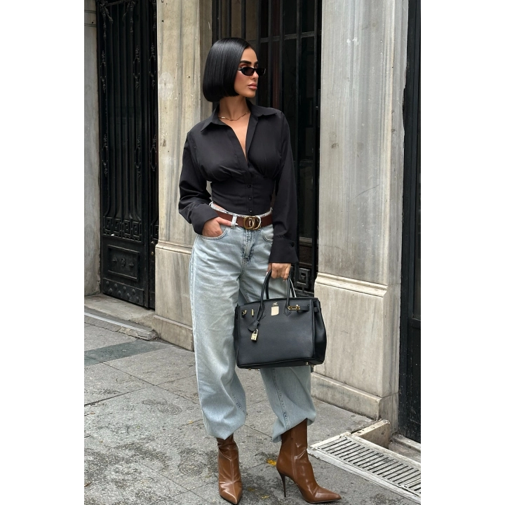 Sırt Bağlamalı Korse Detay Poplin Siyah Gömlek