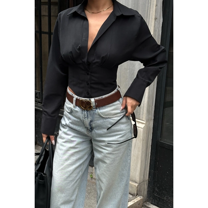 Sırt Bağlamalı Korse Detay Poplin Siyah Gömlek