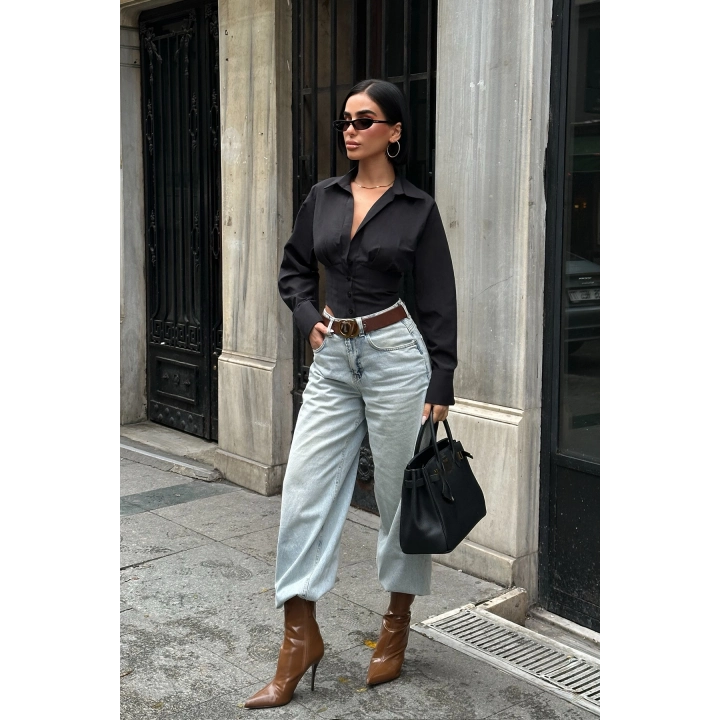 Sırt Bağlamalı Korse Detay Poplin Siyah Gömlek