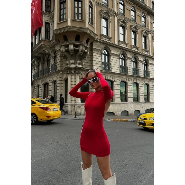 Sırt Dekolteli Uzun Kol Sandy Kırmızı Mini Elbise