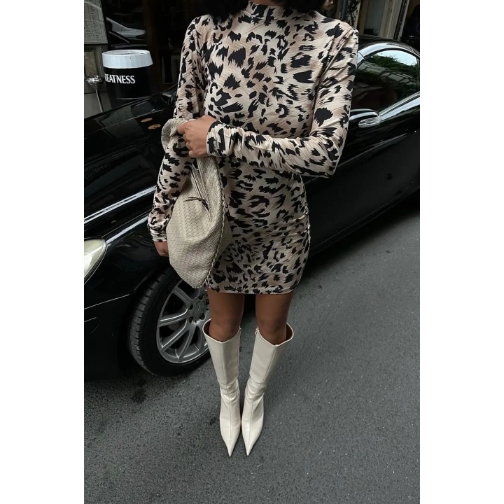 Sırt Dekolteli Uzun Kol Sandy Leopar Bej Mini Elbise