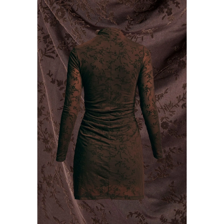 STD Flok Baskılı Astarlı Kahverengi Mini Elbise