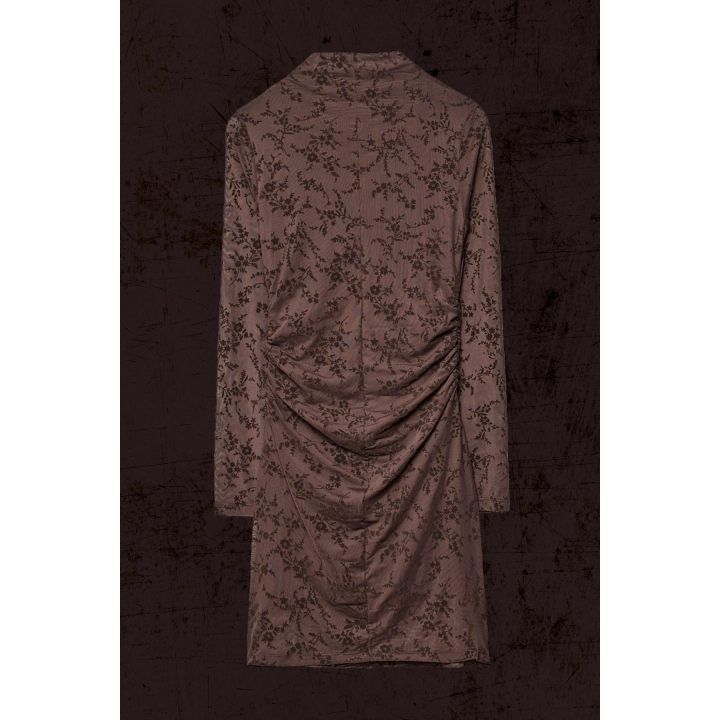 STD Flok Baskılı Astarlı Kahverengi Mini Elbise