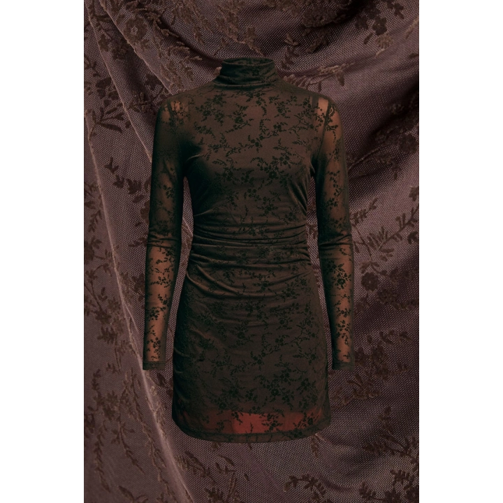 STD Flok Baskılı Astarlı Kahverengi Mini Elbise