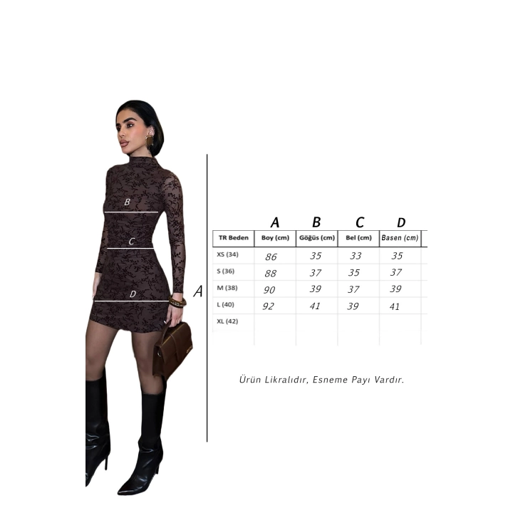 STD Flok Baskılı Astarlı Kahverengi Mini Elbise