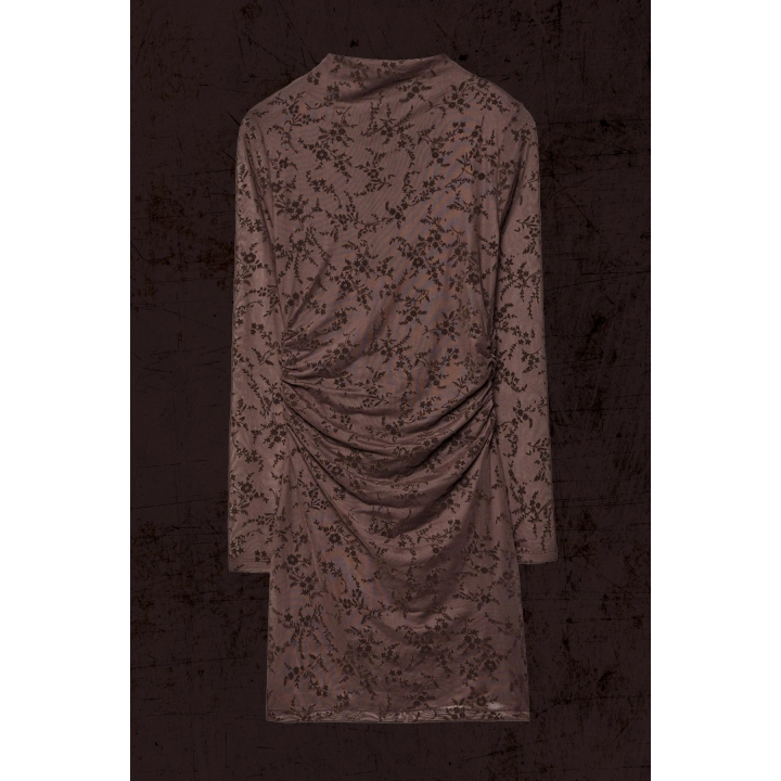 STD Flok Baskılı Astarlı Kahverengi Mini Elbise