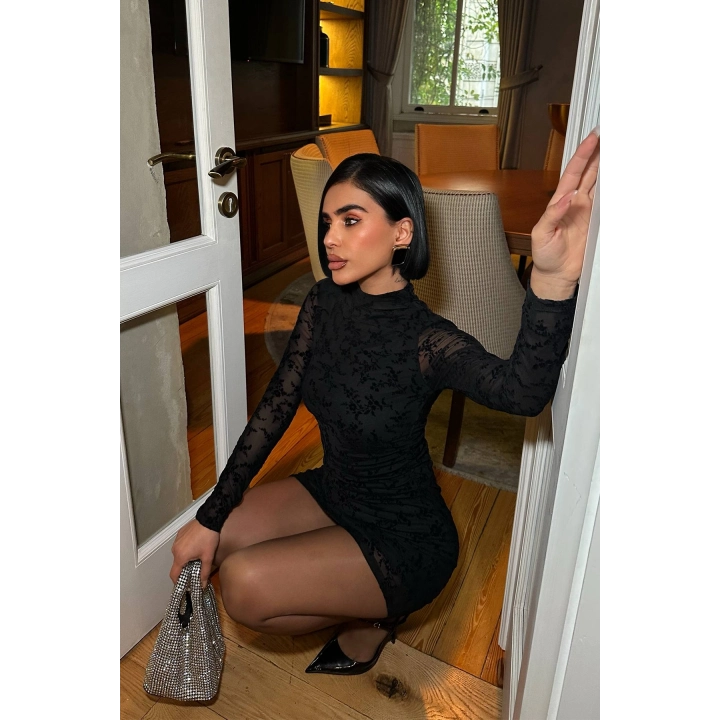 STD Flok Baskılı Astarlı Siyah Mini Elbise