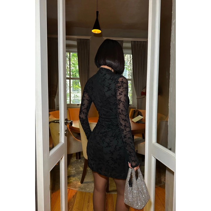 STD Flok Baskılı Astarlı Siyah Mini Elbise