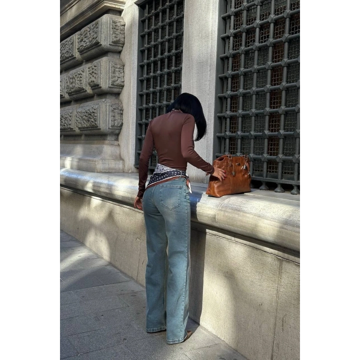 Tasarım Şal Detaylı Mavi Palazzo Kot Pantolon