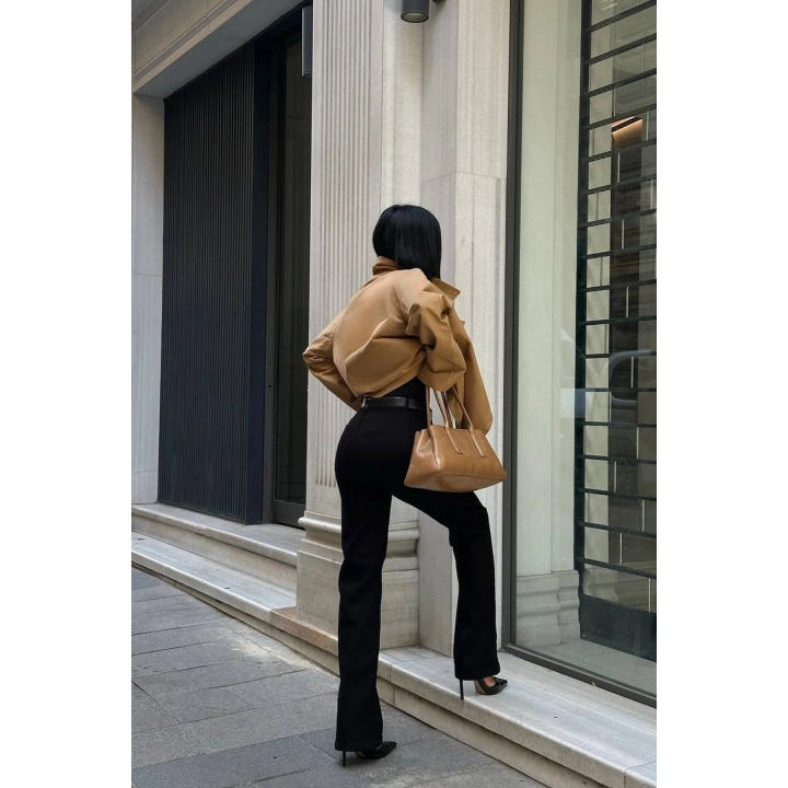 Yüksek Bel Likralı Siyah Palazzo Kot Pantolon
