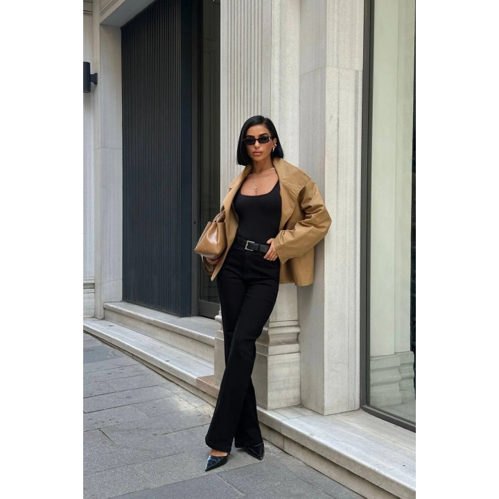 Yüksek Bel Likralı Siyah Palazzo Kot Pantolon