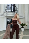 Straplez Tül Crop Kumaş Pantalon Takım