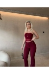 Straplez Tül Crop Kumaş Bordo Pantalon Takım