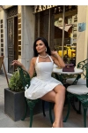 Boyundan Bağlamalı Kare Yaka Balon Astarlı Mini Beyaz Elbise