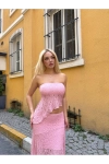 Asimetrik Astarlı Dantel Pembe Etekli Takım