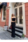 Straplez Yırtmaçlı Astar Detaylı Dantel Crop Siyah Etekli Takım