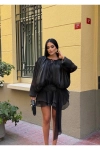 Kadın Siyah Şifon Dökümlü Volanlı Kuşak Detaylı Şortlu Uzun Kollu Mini Boy Elbise
