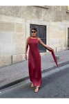 Kadın Saten Sırt Dekolteli İnce Askılı Şal Detaylı Esnek Kumaş Maxi Boy Bordo Elbise