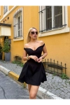 Kadın Lastikli Omzu Açık Göğüs Detaylı Fermuarlı Mini Boy Siyah Elbise
