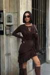 Fırfır Detaylı Göğüs Düğmeli Mini Boy Kahverengi Premium Tasarım Elbise