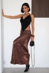 Flok Baskılı Midi Boy Saten Koyu Kahverengi Etek