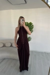 Kadın Düğme Detaylı Büzgülü Halter Yaka Kahverengi Maxi Elbise