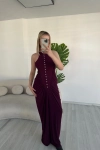 Kadın Düğme Detaylı Büzgülü Halter Yaka Mürdüm Maxi Elbise