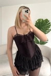 Kadın Premium Dantel Detaylı Askılı Biyeli Şortlu Kahverengi Mini Boy Elbise